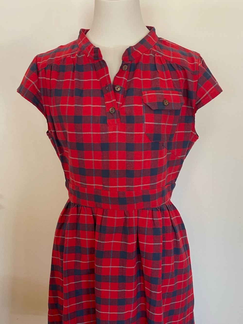 Retro Cotton Twee Red Blue Plaid Fit and Flare Dress Pockets Classic 1950's 60's - Picture 2 of 9